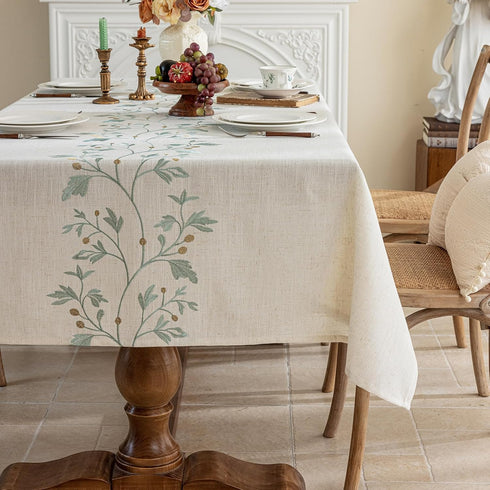 Rustic Heavy Weight Waterproof Linen Tablecloth, Beige Embroidery for Rectangle Tables, Burlap Farmhouse Covers (Green