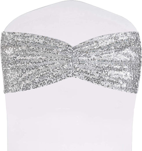 SquarePie Pack of 10 Sequin Chair Sashes, Silver Sparkling Decorative Bands for Wedding Banquet Party Decor