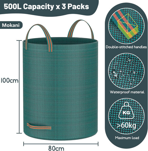 79 3 Packs, Mokani Reusable Yard Waste Bags, Gallon Lawn and Leaf Bags Heavy Duty Garden Bags With Reinforced Handles