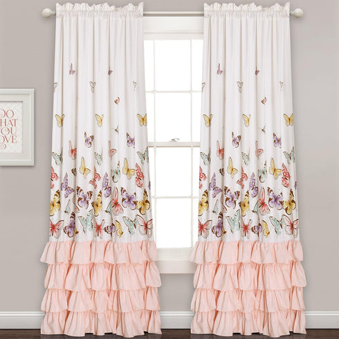Set 84 52, Lush Decor Flutter Butterfly Curtains | Ruffle Print Design Window Panel for Living, Dining, Bedroom (Pair)