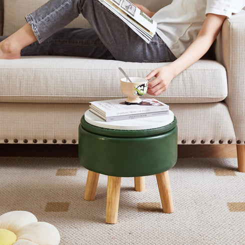 13 Inch WBD023GR IBUYKE Foot Stool Ottoman with Storage, Round Small Foot Rest with Padded Seat and Wood Legs, PU Faux