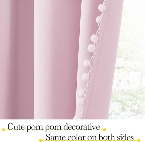 52" 84" 2 NICETOWN Pom Pom Blackout Curtains for Girls Bedroom Boho Pink Window Curtains for Nursery Rod Pocket Thermal