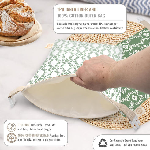Cozy Set Bread Reusable Bread Bag for Home Bakers | USA Brand | Charming Bread Designs (Green Ornamental)