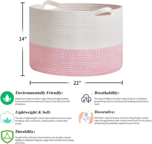 Extra Large Cotton Rope Basket 22" x 14", Toy Basket for Storage