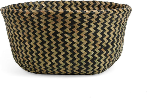 Woven Seagrass Belly Basket for Storage, Plant Pot Basket, Laundry, Picnic, and Grocery Basket (Medium, black strips)