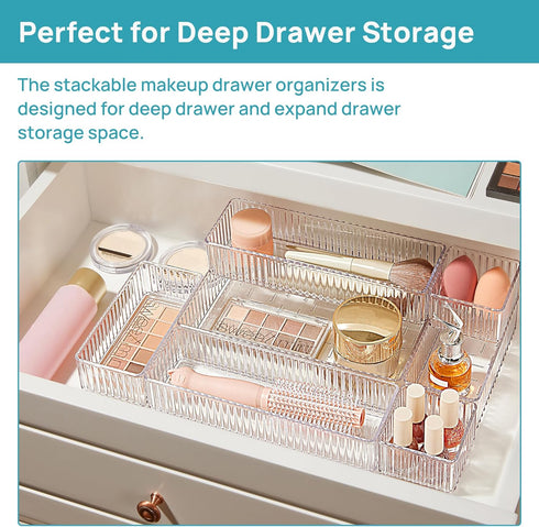 Vtopmart 7 PCS Clear Drawer Organizers, 4-Size Stackable Makeup and Vanity Drawer Organizer Trays