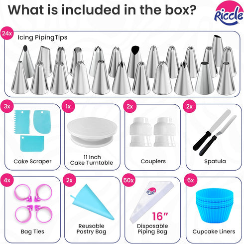 Riccle 94 pcs Cake Decorating Kit - Includes 50pcs 16 Inch Disposable + 2 Reusable Piping Bags, 24 Tips, 2 Spatulas, 3