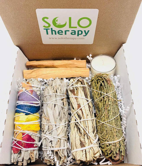 Smudge Kit Spiritual Set - White Sage, Cedar, 7 Chakra Sage, Palo Santo, Sandalwood Candle for Cleansing & Blessing