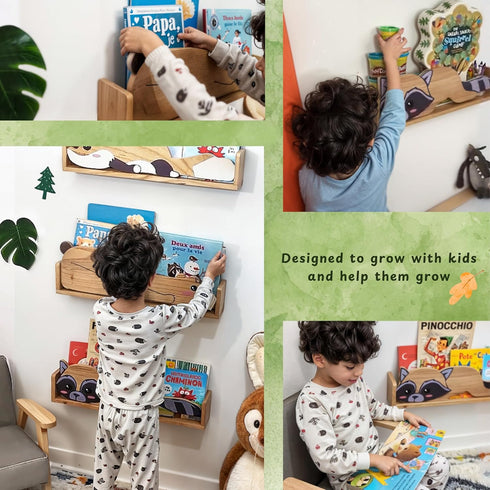 3 24inch Floating Shelves, Wall Shelf for Kids Rooms, Woodland Nursery Bookshelves, Bear Fox and Raccoon