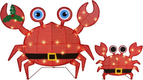 Set 2 2D Prsildan Outdoor Christmas Decorations - of LED Lighted Crab Yard Decor, Battery Operated Holiday Lawn Figures