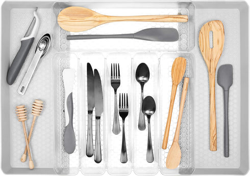 Spectrum Diversified Hexa Expandable Divided Drawer Organizer Tray for Kitchen Cutlery, 13 x 16, Clear