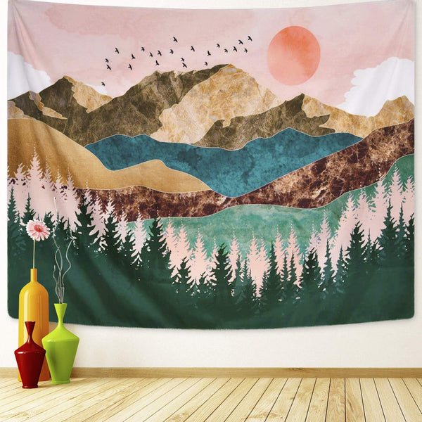 ARFBEAR Mountain Tapestry - Forest Tree Wall Hanging Tapestry Nature Landscape Green and Brown Beach Blanket (Large-79