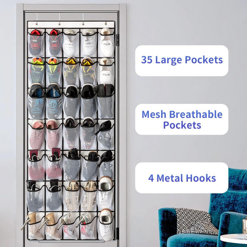 35 Pockets Over the Door Shoe Organizer, Hanging Storage Bag with 35 Mesh Pockets and 4 Metal Hooks