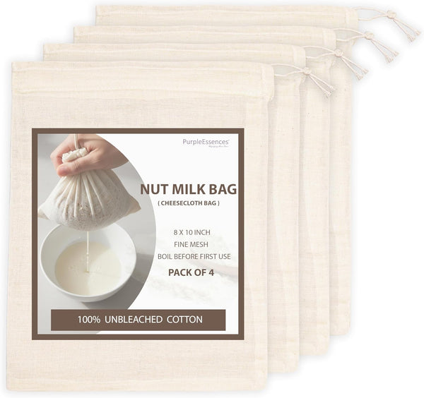 PurpleEssences Ultra-Dense Unbleached Cotton Nut Milk & Filter Bags Reusable Cheesecloth Drawstring