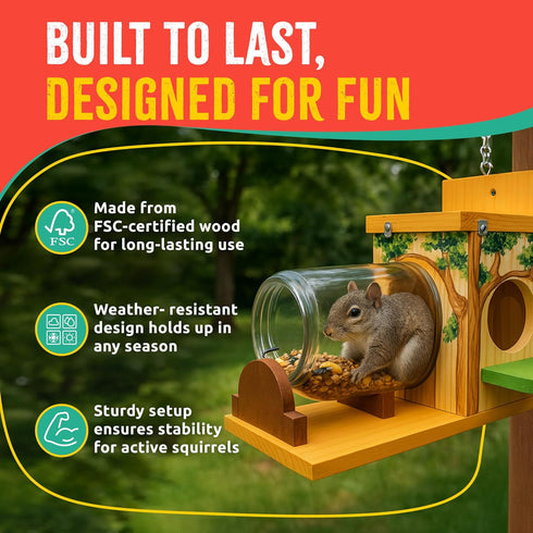 SparkJump Squirrel Feeder Kit - Sustainable FSC Wood, Easy Mounting and Assembly, Kid-Safe Mason Jar, Perfect