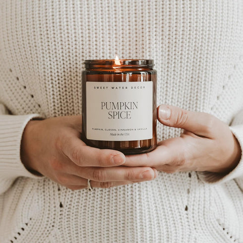 Sweet Water Decor Pumpkin Spice Candle | 9oz Amber Jar with Black Lid, Scented Candles of Pumpkin, Cloves, Buttercream,