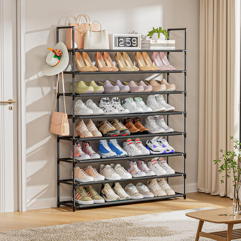 8 33.3in 11.2in 55.7in 32-40 OYREL Tier Shoe Organizer, Wide x Deep x Tall, Black Metal and Plastic Shoe Rack, Holds up
