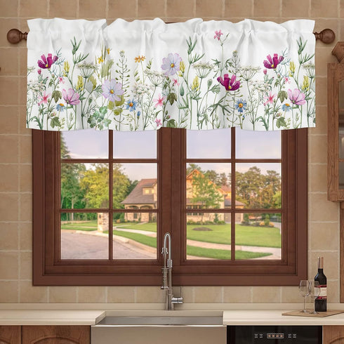 Floral Kitchen Curtains Valances, Wildflowers Spring Watercolor Flower Plants, 42" W x 12" L