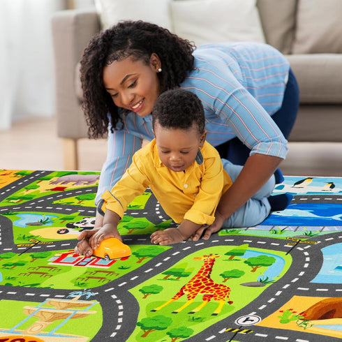 DINSUMRUG Cars,59"X39.4" Car Rugs for Kids Toy Animal Road Rug for Kids,Non Slip Zoo Road Map Cars Track Mat,Washable