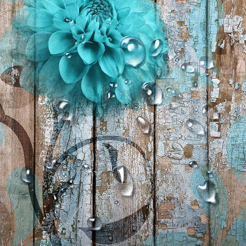 JAWO Teal Dahlia Shower Curtain Set with 12 Hooks - Dahlia Flower on Rustic Wooden Plank Country Style, Waterproof Bath