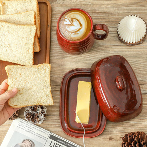 Countertop, Hasense Butter Dish with Lid for Ceramic Butter Tray with Handle, Large Butter Keeper Holder for West East