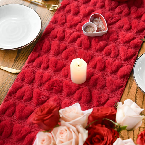 13x72 Inch Artoid Mode Red Soft Plush Faux Fur Jacquard Heart Valentine's Day Table Runner, Seasonal Kitchen Dining