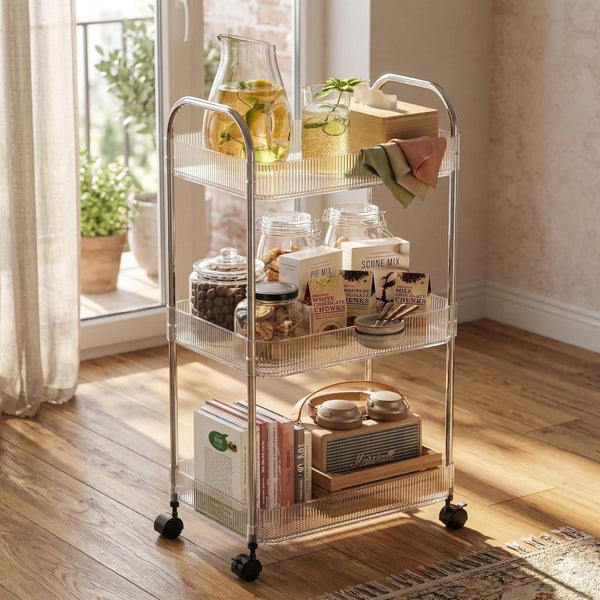 STARLATTA 3 Tier Rolling Cart with Lockable Wheels, Clear Acrylic Utility Trolley