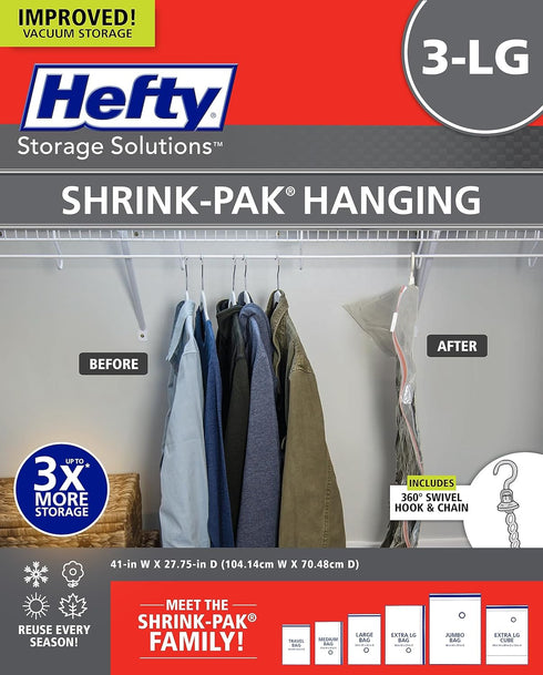 Hefty Shrink-Pak Vacuum Storage Bags, Space Saver for Under Bed Storage, 3 Large Hanging Vacuum Bags