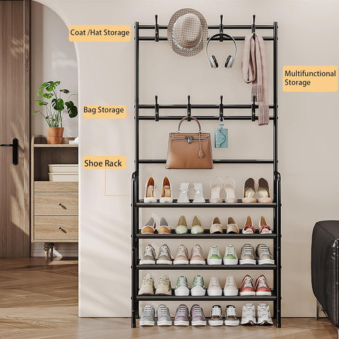 8 Closet 4 Coat Rack Shoe Rack With Storage Shelf Freestanding with Hooks for Entryway Bedroom Tier, Black