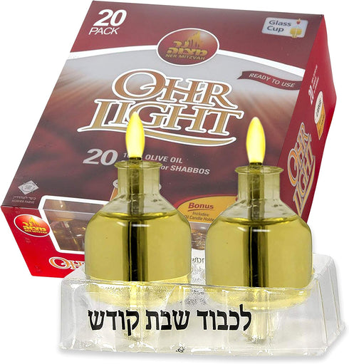 Shabbat Oil Candles - Large Ohr Lights Pre-Filled Oil Shabbos Candles, 20 Pack