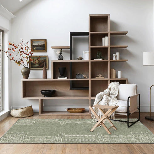 NICETOWN Sage Green Entryway Rug 2x3 Washable Thin Geometric Non-Slip Area Rug for Living Room, Kitchen, Bathroom