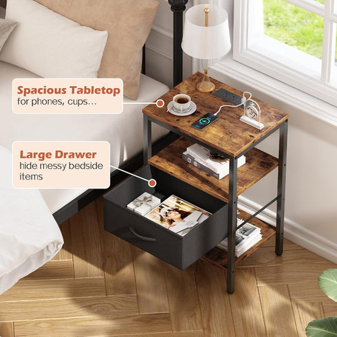 3-Tier SUPERJARE Nightstand with Charging Station, Bed Side Table with Adjustable Fabric Drawer, Night Stand
