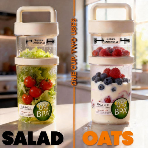 Loodkyoo 4 Pack 2-Tier Salad Cup with Dressing Container and Spoons - Portable Plastic Salad Prep Containers to Go