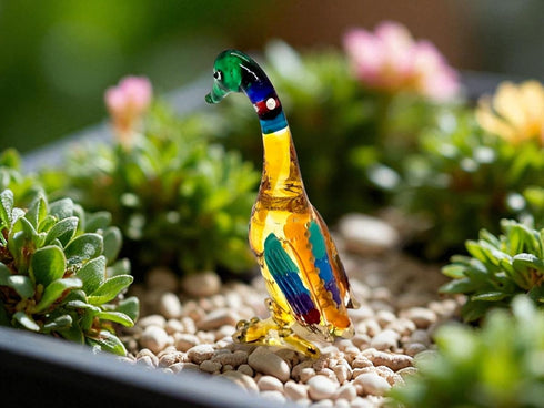 Tiny 2½" High Multicolor Standing Goose Figurine - Miniature Hand Blown Painted Glass Birds Decorative Collectible
