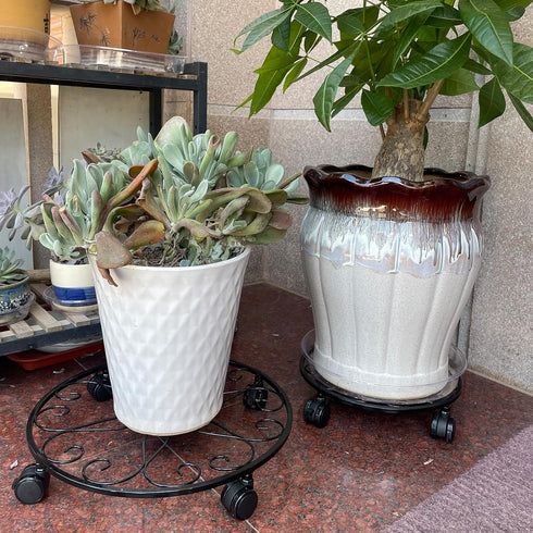 lucpur 3 Pack 12 Inch 3 Pack Metal Plant Stand with Wheels Plant Caddy Heavy Duty Wrought Iron Rolling Plant Stand