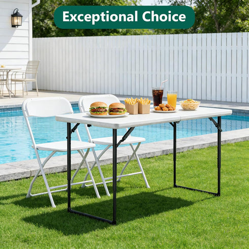 4ft Folding Table - Heavy Duty Fold-in-Half Plastic Table with Adjustable Height, Portable Utility Tables with Steel