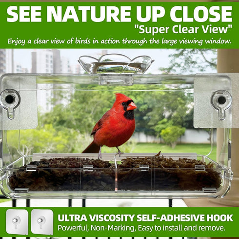 Window Bird Feeder with Non-Marking Self-Adhesive Hooks, Clear Window Bird Feeder for Outside, Transparent Bird House, Outdoor Bird Feeders, Wild Bird Watching Gift, Garden Decor by WENMIXER
