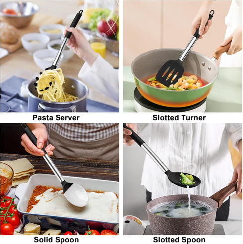TeamFar 5 PCS Cooking Utensils Set, Silicone Kitchen Tools with Stainless Steel Handle for Nonstick Cookware