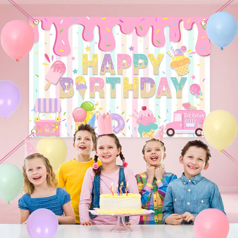 Ice Cream Themed Birthday Party Decorations for Girls, Balloon Garland Arch Kit with Happy Birthday Backdrop.