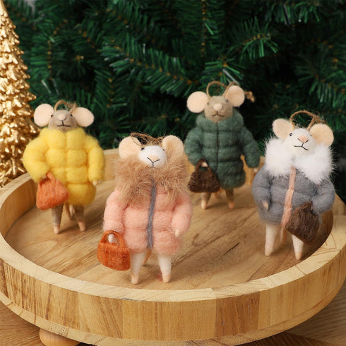 Set of 4 Christmas Felt Mice Ornaments - 4.7" Mini Hanging Wool Mouse Figurines for Holiday Decor