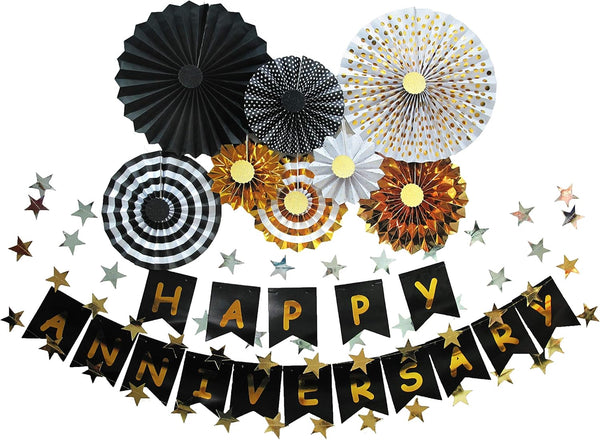 Happy Anniversary Banner - Party Hanging Paper Fans Decoration for Birthday Wedding