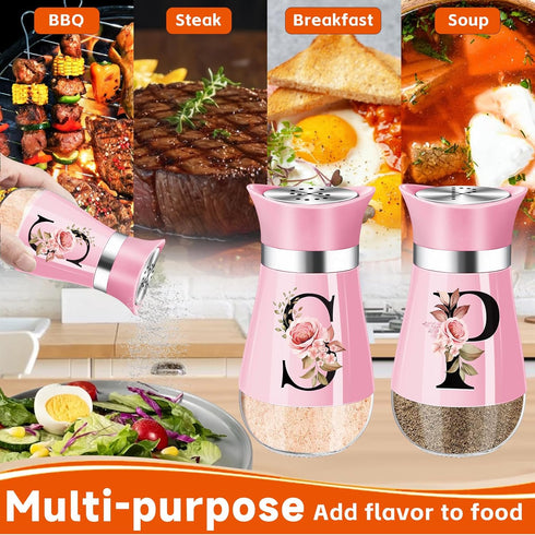 Salt and Pepper Shakers Set, 4 oz Pink Kitchen Accessories, Stainless Steel & Glass Spice Dispenser, Refillable Design