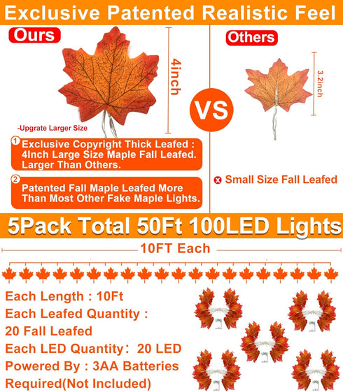 5 Pack Fall Decor Garland with Lights, 50 Ft 100 LED Enlarged Maple Leaves, Waterproof Battery Operated Indoor Outdoor