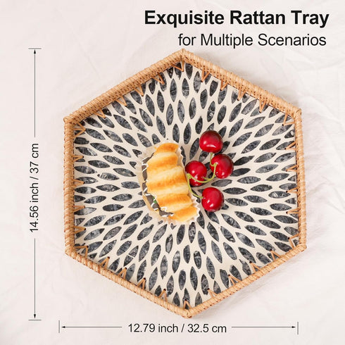 14.5"12.8") Hexagon Rattan Tray with Mother of Pearl Inlay, Rattan Serving Tray for Coffee, Bread, Fruits, Snacks