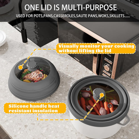 Microwave Splatter Cover, Vented Silicone and Glass Lid, Fits 6-10 inch Plates & Bowls, Easy Grip Handle