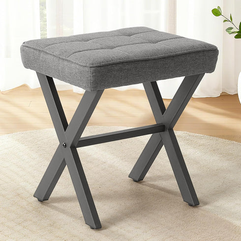 Sweetcrispy Vanity Stool Ottoman, Square Linen Makeup Stool Metal X Legs, Small
