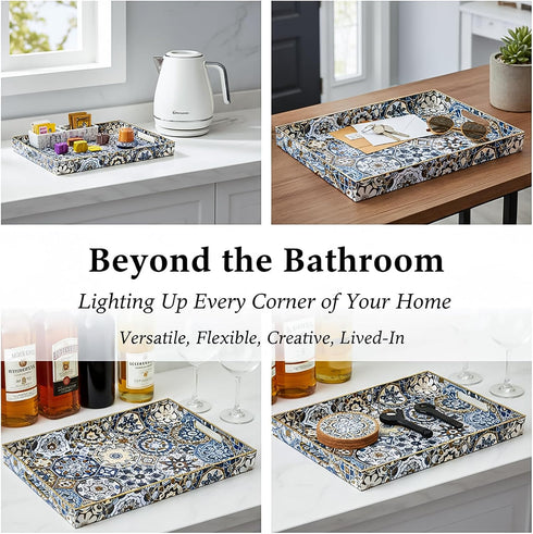 Set 2 Hiceeden of Decorative Serving Trays with Handles, Boho Tea Trays Ottoman Trays for Serving, Modern Plastic