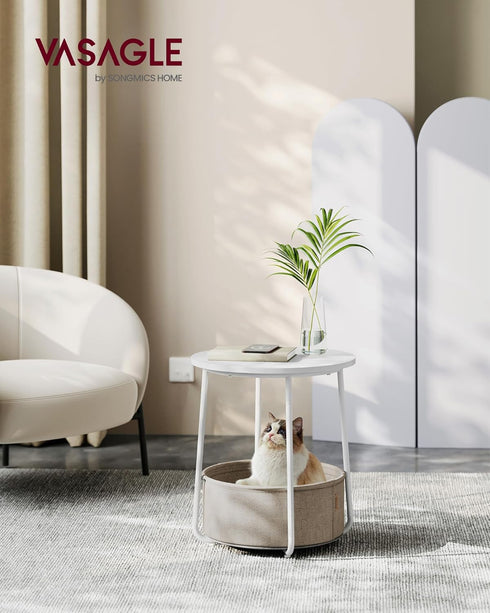 ULET223W10 VASAGLE LILEA Collection - Small Round Side End Table, Modern Nightstand with Fabric Basket, Matte White