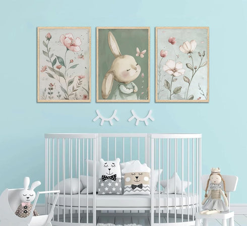 PPJ 3Pcs Nursery Bunny Wall Art Cute Rabbit Botanical Flowers Wall Decor Green Nursery Pictures Posters Girl Bedroom