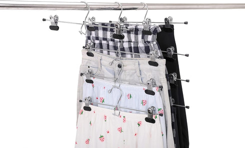 6 Quality Heavy Duty Pants Hangers, Extra Wide Adjustable Clips, Multi Stackable Add on Hangers, Chrome
